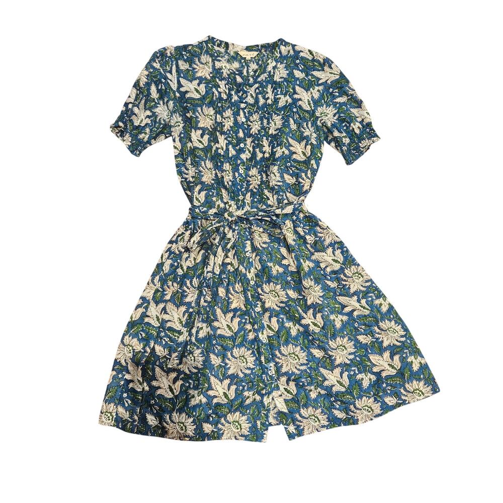 East organic cotton shirt dress blue floral cottage cottage farm whimsy belted